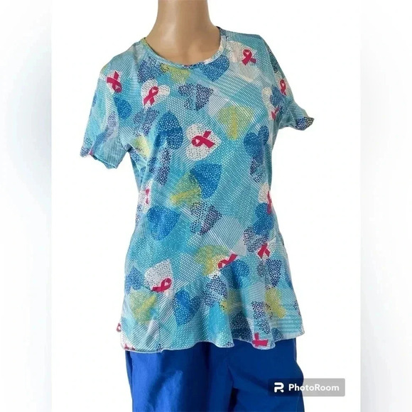 Flex Scrub Top Breast Cancer Awareness Stretchy W/Side Seam Pockets Size Large - Picture 1 of 9
